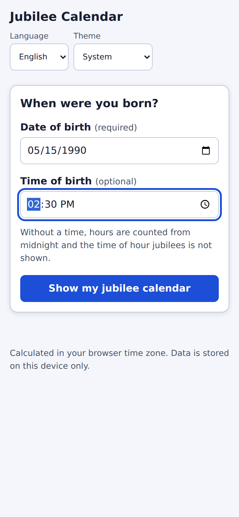 Input form: date and time of birth fields and the "Show my jubilee calendar" button.